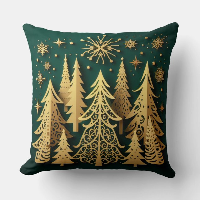 Golden Holiday Forest – Christmas Tree Pattern Throw Pillow (Front)