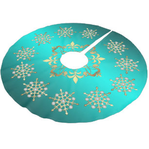 Golden Holiday Snowflakes Teal Brushed Polyester Tree Skirt
