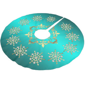 Golden Holiday Snowflakes Teal Brushed Polyester Tree Skirt