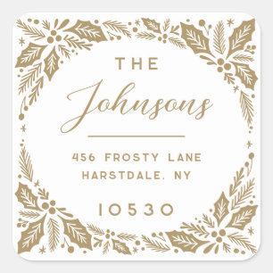 Golden Holly Berry Holiday Return Address Square Sticker