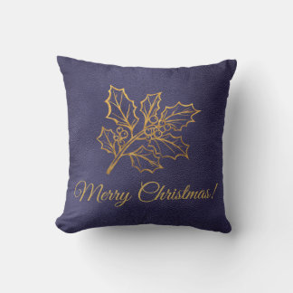 Golden Holly Leaves Merry Christmas Blue Throw Pillow