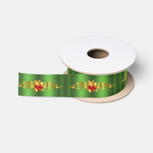 Golden Holly on Green Christmas Satin Ribbon (Spool)