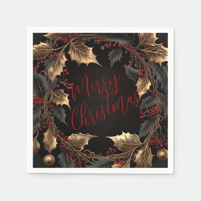 Golden Holly Wreath – Elegant Christmas Napkins (Front)
