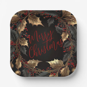 Golden Holly Wreath – Elegant Christmas Paper Plates
