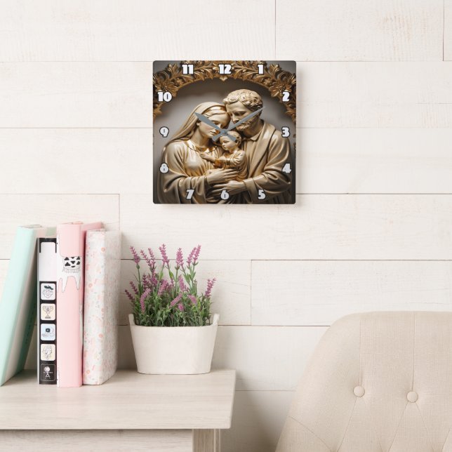 Golden Holy Family Mary, Joseph, and Jesus Square Wall Clock (Reading Room)