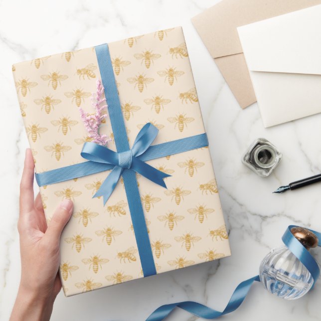 Golden Honey Bees Illustrated Antique White Wrapping Paper (Gifting)