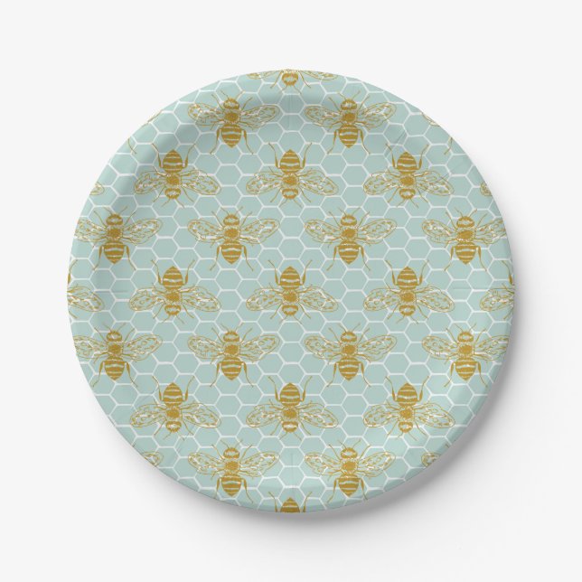 Golden Honey Bees on Teal Honeycomb Paper Plates (Front)