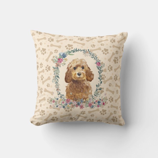Golden Honey Cockapoo Dog Paw Print & Floral Cute Throw Pillow (Front)