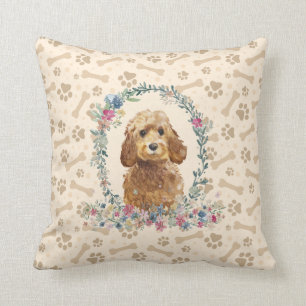 Golden Honey Cockapoo Dog Paw Print & Floral Cute Throw Pillow