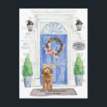 Golden Honey Cockapoo Moving Announcement Postcard<br><div class="desc">Announce your new address with our stylish announcement featuring a Golden Honey Cockapoo,  blue front door,  welcome mat,  slate sign,  topiaries and a floral wreath set on a gray brick background.</div>