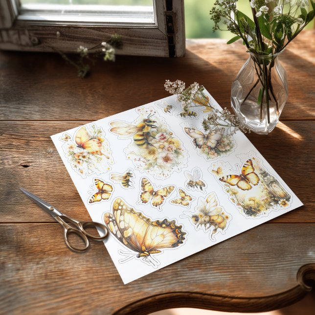 Golden Honey Fairy World – 3c Bees and Butterflies Sticker (Sticker with butterfiles and bees on the table ready to be used)