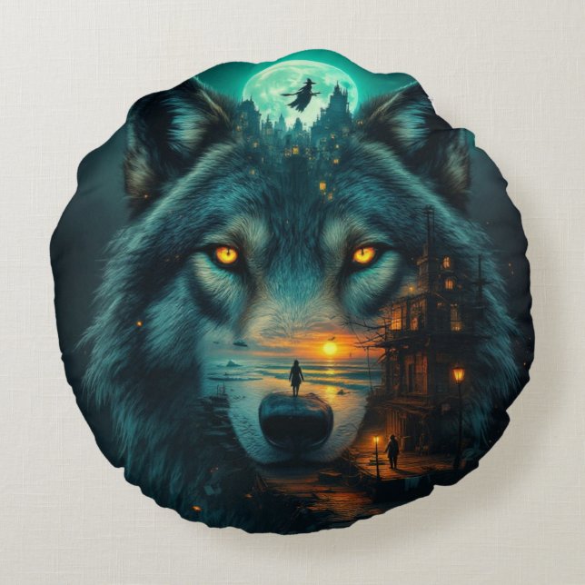Golden Honey Wings & Wolf Round Pillow (Back)