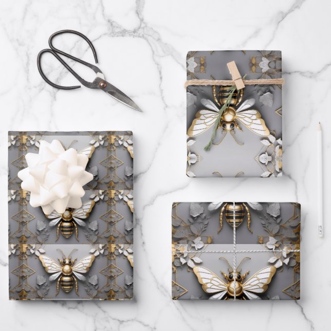Golden Honeybee on Dark Floral Canvas Wrapping Paper Sheets (Front)