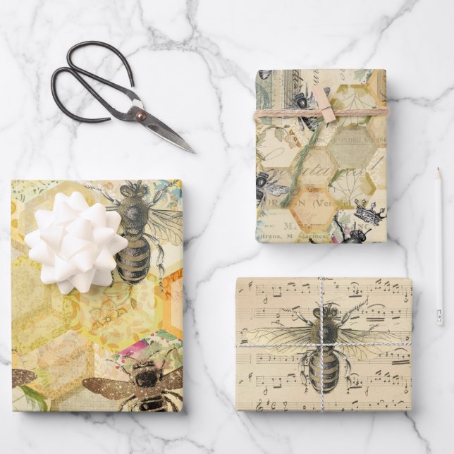 Golden Honeycomb Bee  Wrapping Paper Sheets (Front)