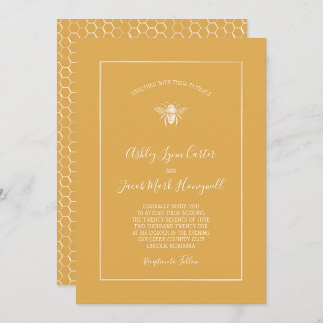 Golden Honeycomb Pattern Wedding Invitation (Front/Back)