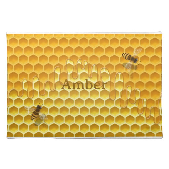 Golden Honeycomb with Bees Customizable Text Cloth Placemat (Front)