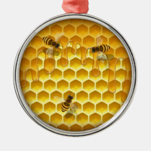 Golden Honeycomb with Honeybees Customizable Round Metal Ornament