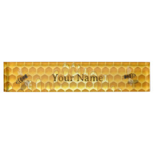 Golden Honeycomb with Honeybees Desk Name Plate