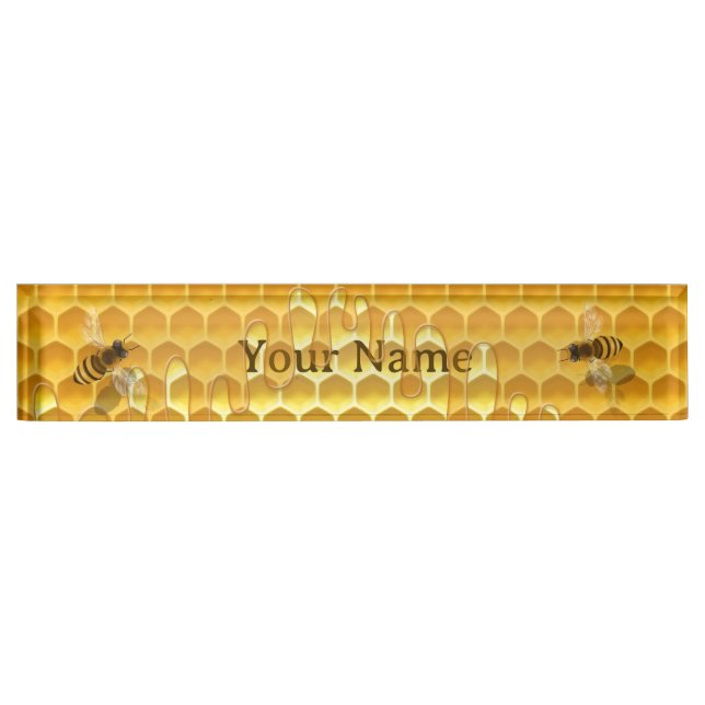 Golden Honeycomb with Honeybees Desk Name Plate (Front)