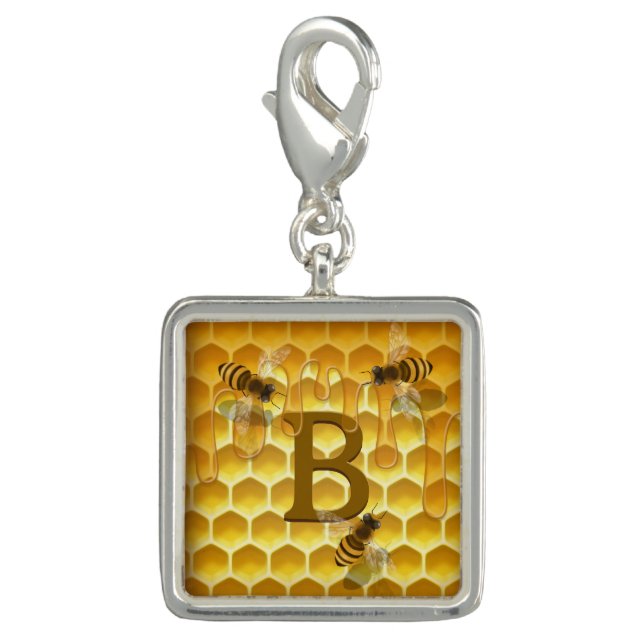 Golden Honeycomb with Honeybees Monogrammed Charm (Front)