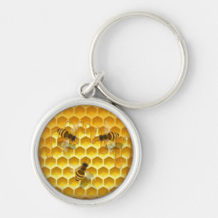 Golden Honeycomb with Honeybees Round Keychain