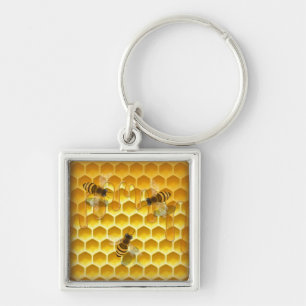 Golden Honeycomb with Honeybees Square Keychain
