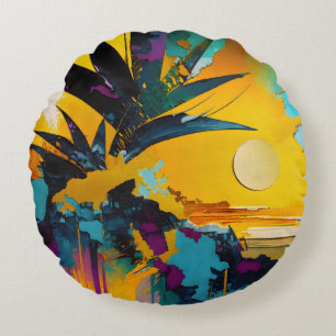 Golden Horizon – Abstract Tropical Sunset Round Pillow