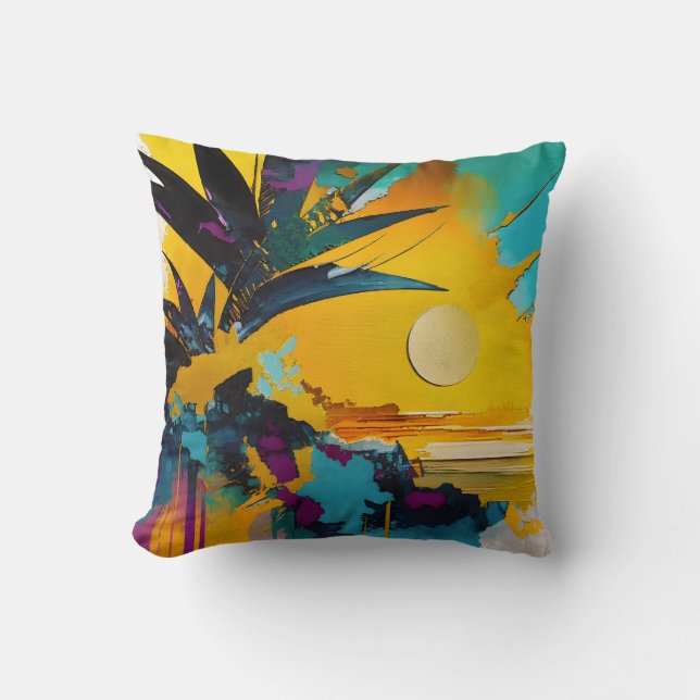 Golden Horizon – Abstract Tropical Sunset Throw Pillow (Front)