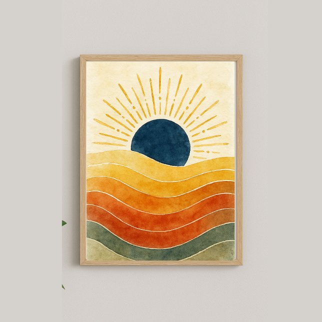 Golden Horizon – Abstract Watercolor Sun & Waves Poster (Creator Uploaded)