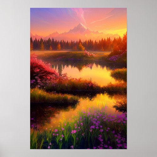 Golden Horizon Sleeping Volcano and Orange Sunset Poster