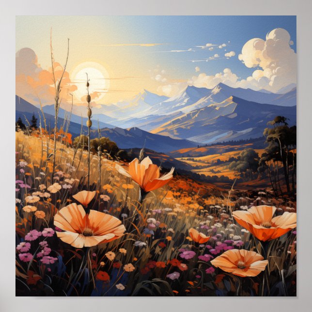 Golden Horizon Wildflower Field and Mountain Poster (Front)