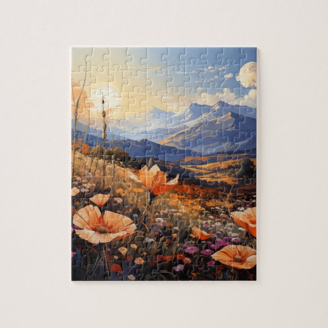 Golden Horizon: Wildflower Field and Mountains Jigsaw Puzzle (Vertical)