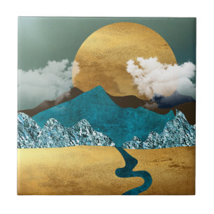 Golden Horizon with Blue Mountains Ceramic Tile