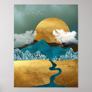Golden Horizon with Blue Mountains Poster