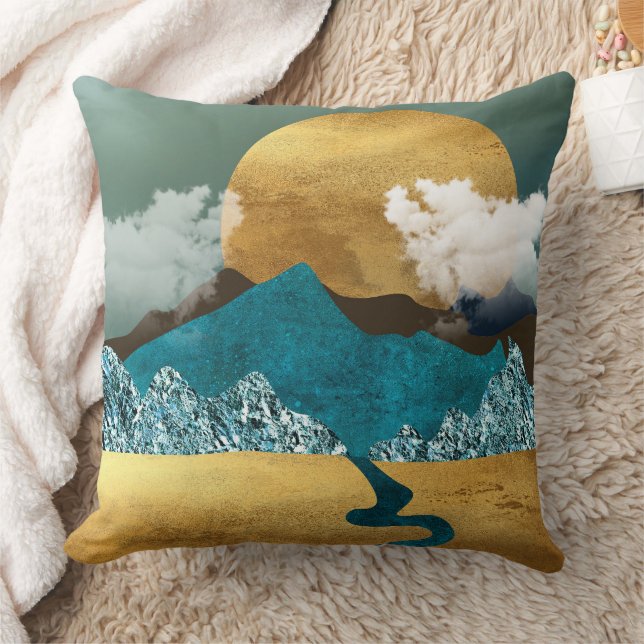 Golden Horizon with Blue Mountains Throw Pillow (Blanket)