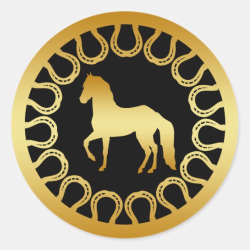 GOLDEN HORSE AND HORSESHOES CLASSIC ROUND STICKER