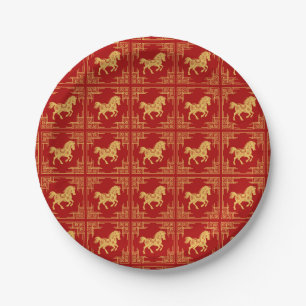 Golden Horse Greek Ornament Frame Red Paper Plates