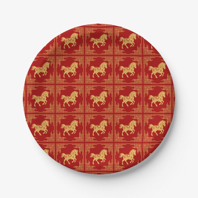 Golden Horse Greek Ornament Frame Red Paper Plates (Front)