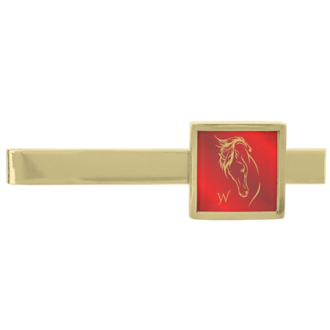 Golden Horse Head Monogram Initials Scarlet Red Gold Finish Tie Bar (Front)