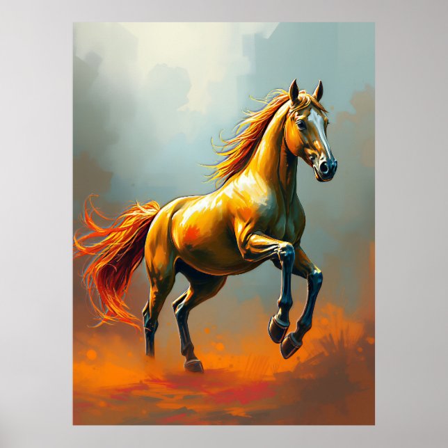 Golden Horse Rears, Flowing Mane, Vibrant Poster (Front)
