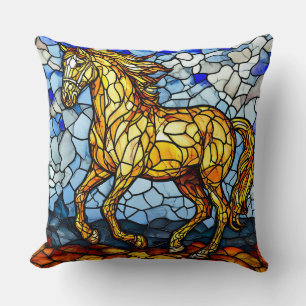 🐎Golden Horse  Stained Glass Gift For Home 🎁 Throw Pillow