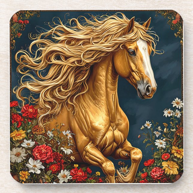 Golden Horse with Flowing Mane Beverage Coaster (Front)
