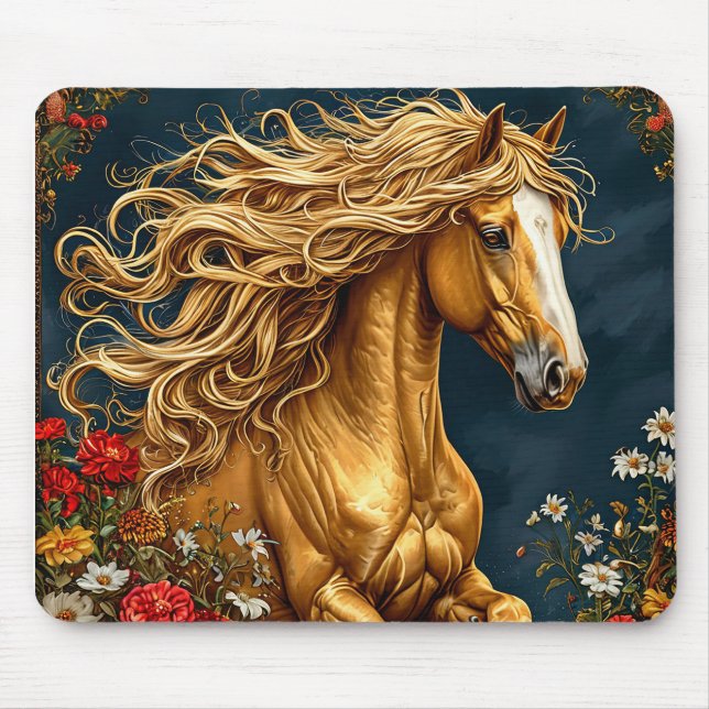 Golden Horse with Flowing Mane Mouse Pad (Front)