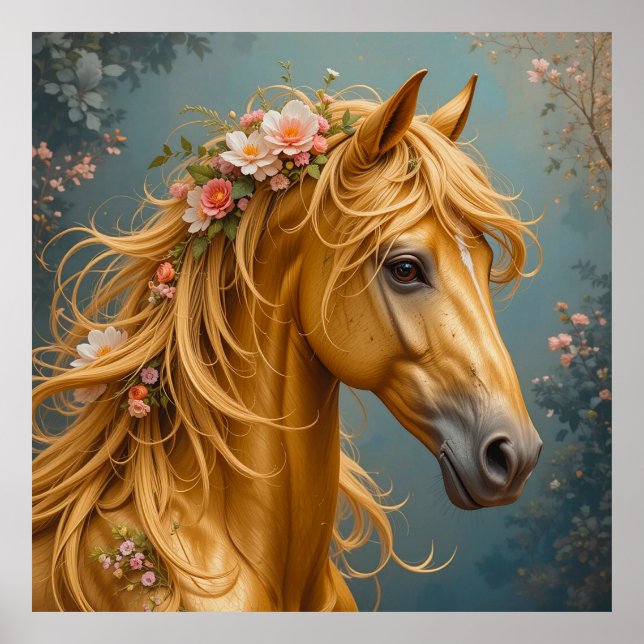 Golden Horse with Flowing Mane Poster (Front)