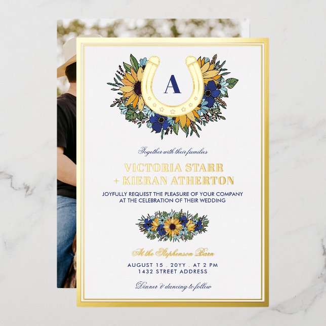 Golden Horseshoe Blue Sunflowers Photo Wedding Foil Invitation (Front/Back)