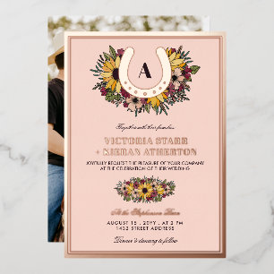 Golden Horseshoe Blush Sunflowers Photo Wedding Foil Invitation