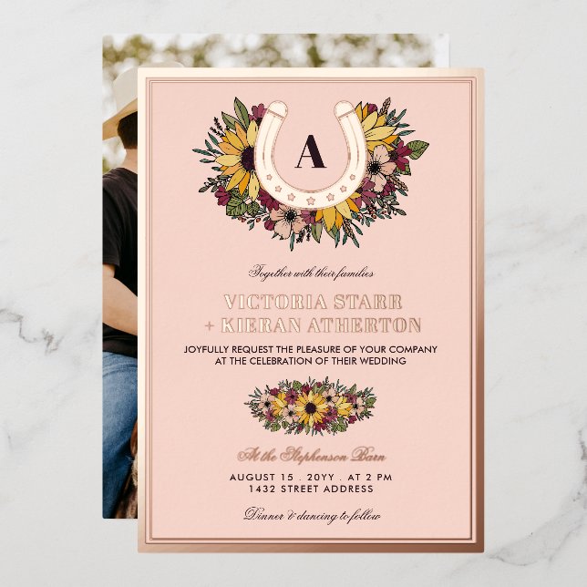 Golden Horseshoe Blush Sunflowers Photo Wedding Foil Invitation (Front/Back)