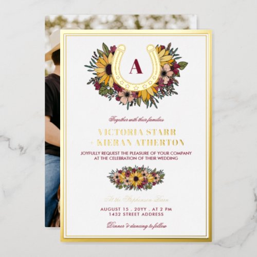 Golden Horseshoe Monogram Sunflowers Photo Wedding Foil Invitation