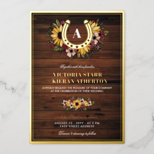 Golden Horseshoe Monogram Sunflowers Wood Wedding Foil Invitation