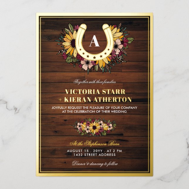 Golden Horseshoe Monogram Sunflowers Wood Wedding Foil Invitation (Front)